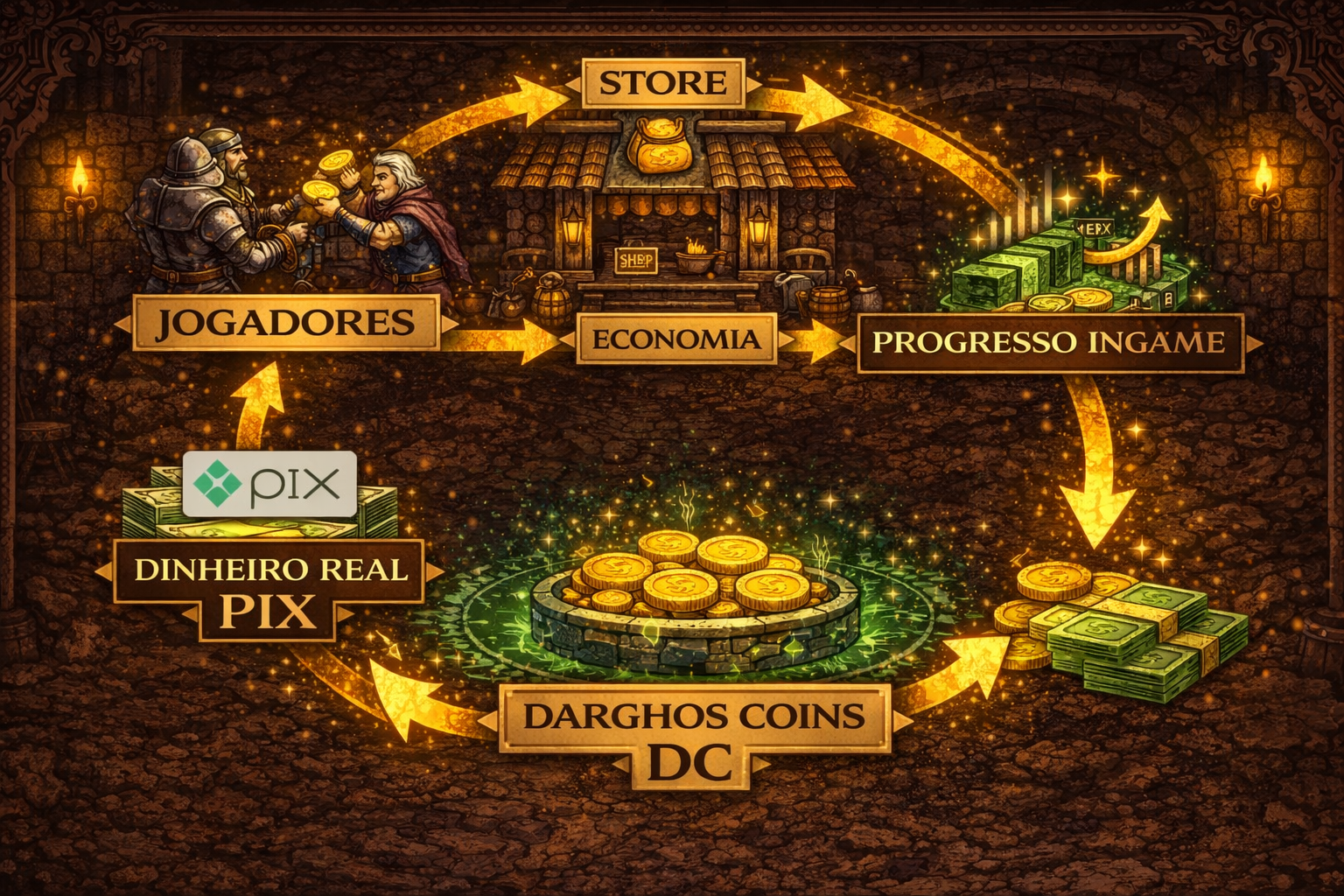 Diagrama do ciclo econômico Play to Earn do Darghos